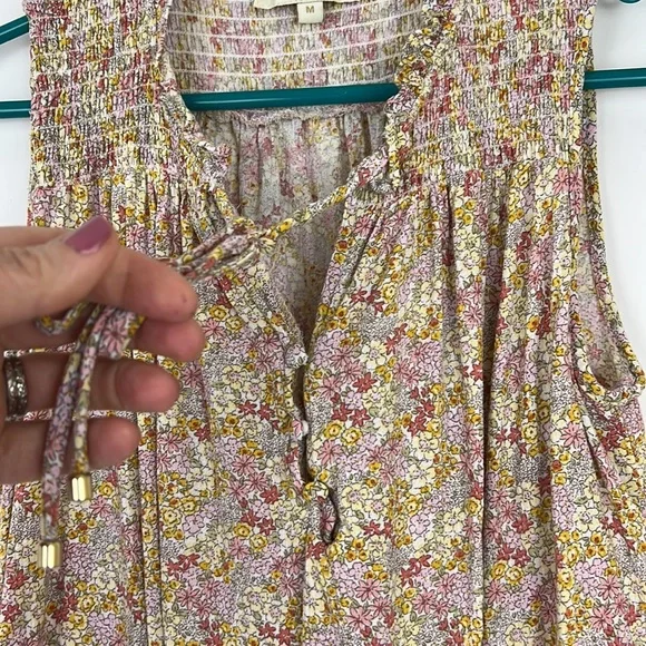 CYNTHIA ROWLEY sleeveless blouse with ruching floral pink and yellow M - Picture 6 of 10